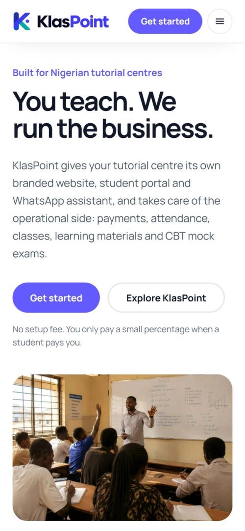 KlasPoint homepage, mobile