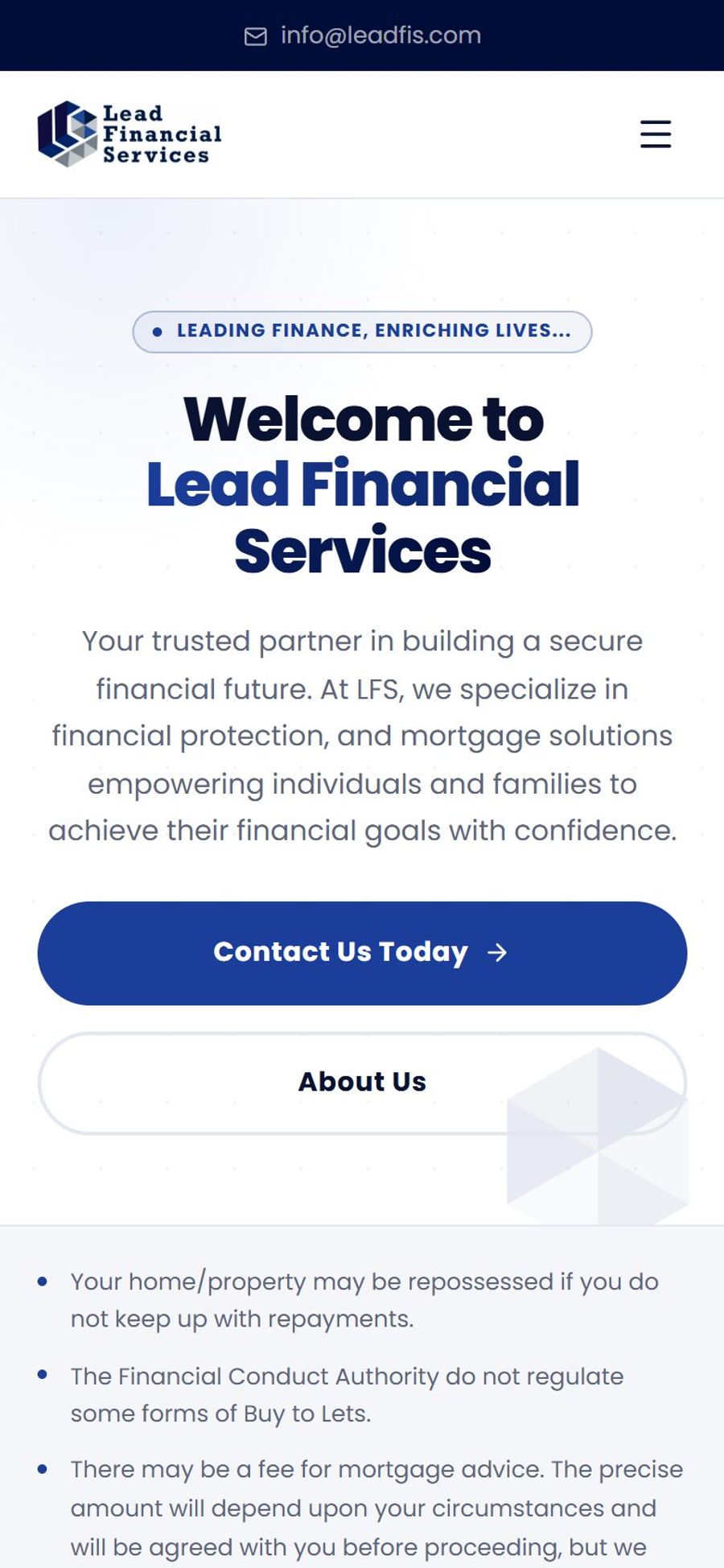 Lead Financial Services website: homepage, mobile