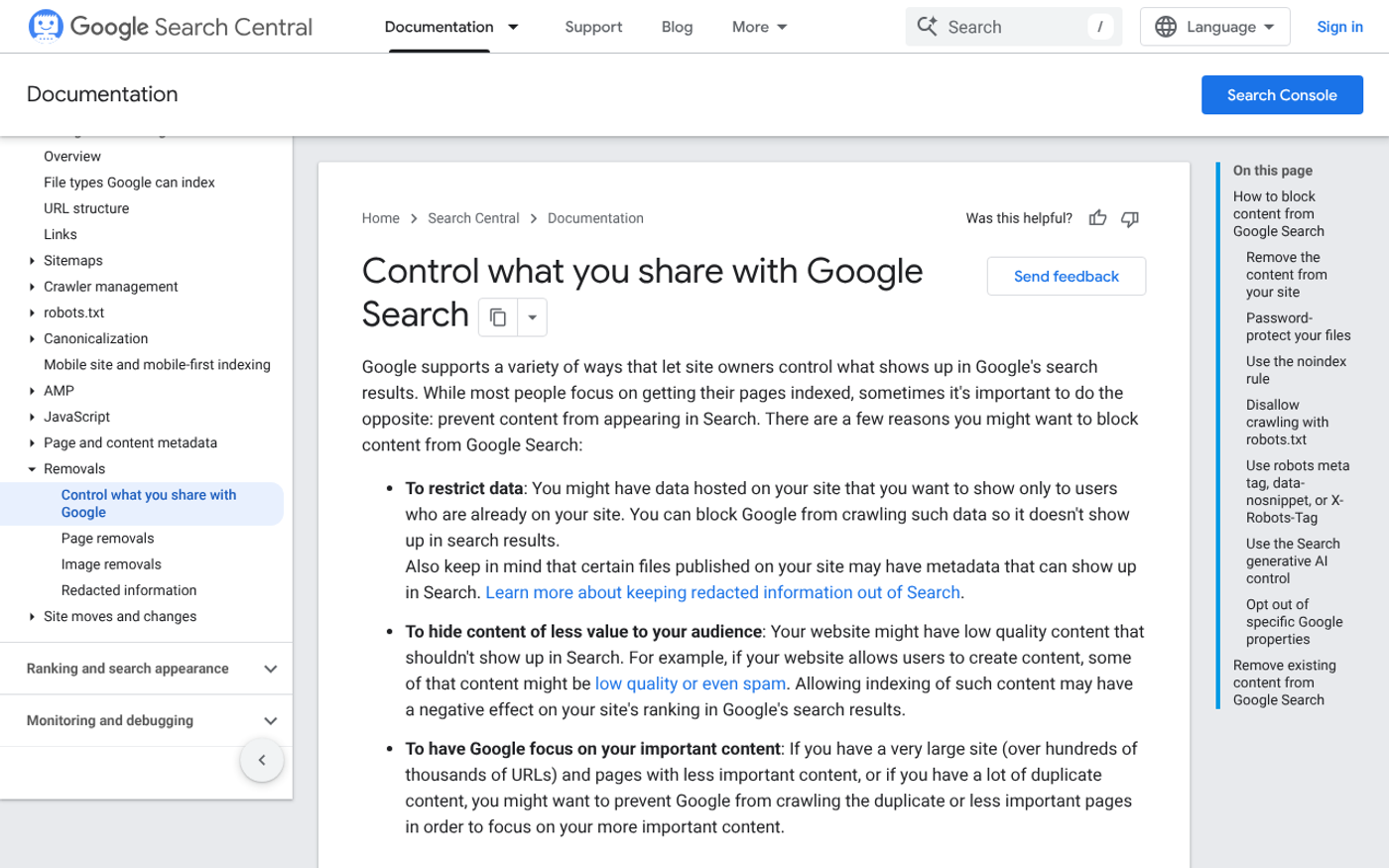 Google Search Central page listing the ways to control what you share with Google Search