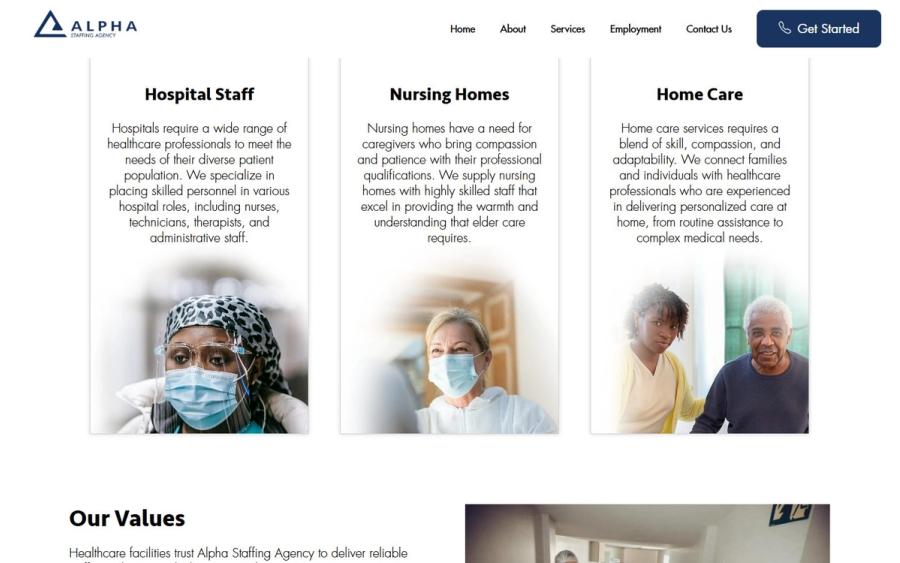 Alpha Staffing website: inner section, desktop