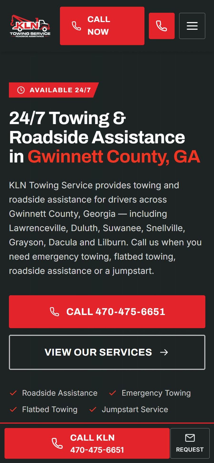 KLN Towing Service website: homepage, mobile