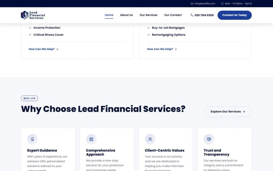 Lead Financial Services website: inner section, desktop