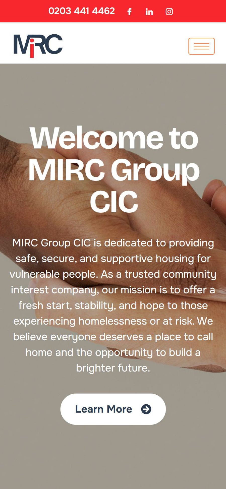 MIRC Group CIC website: homepage, mobile