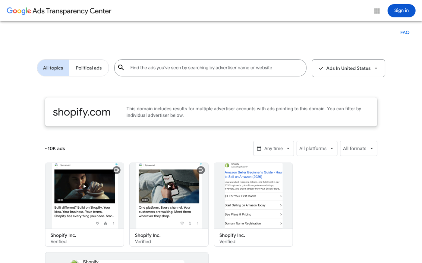 Google Ads Transparency Center showing ads for a well-known advertiser
