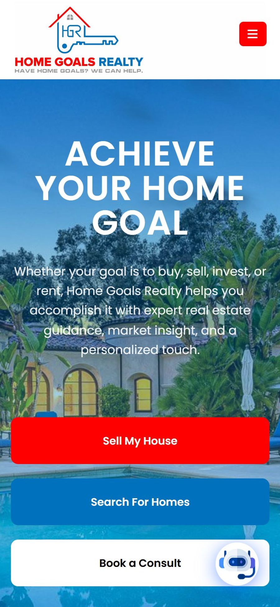 Home Goals Realty website: homepage, mobile
