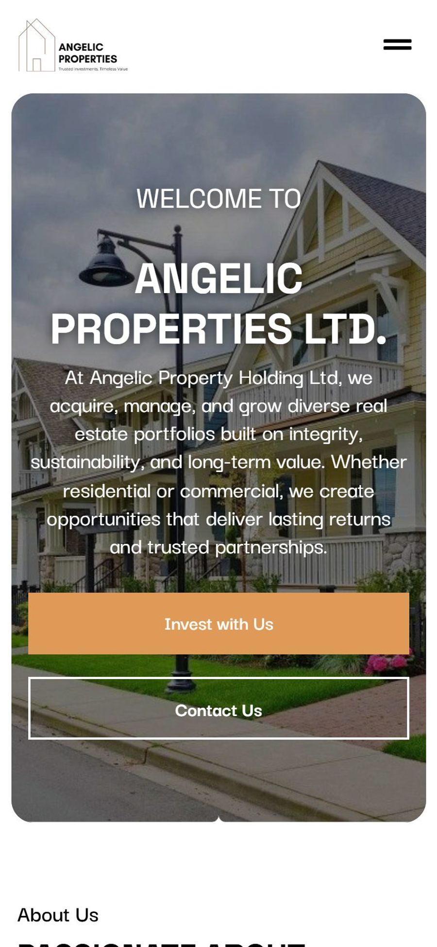 Angelic Properties website: homepage, mobile