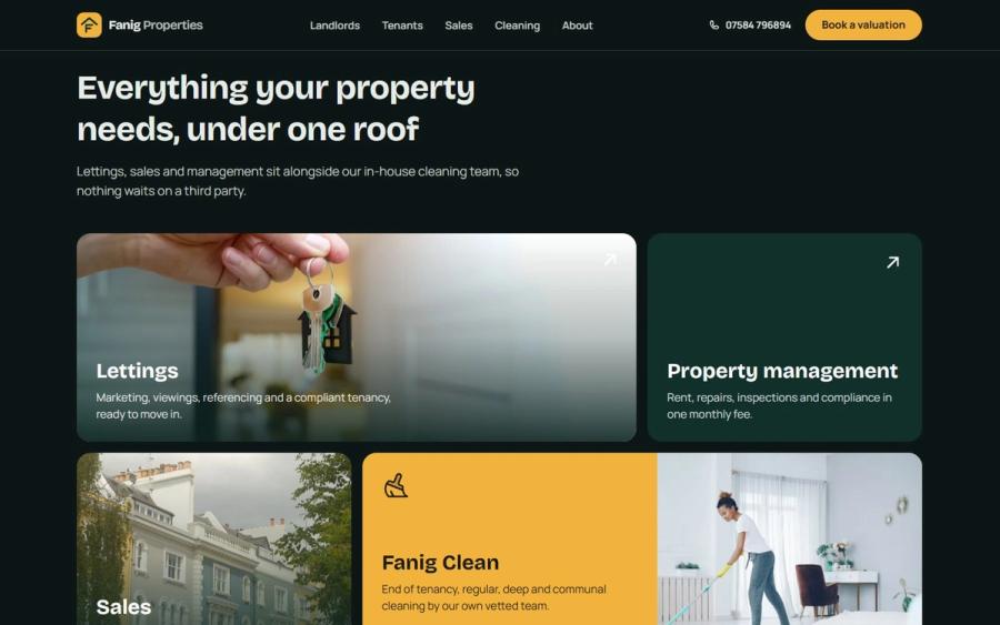 Fanig Properties website: services section, desktop