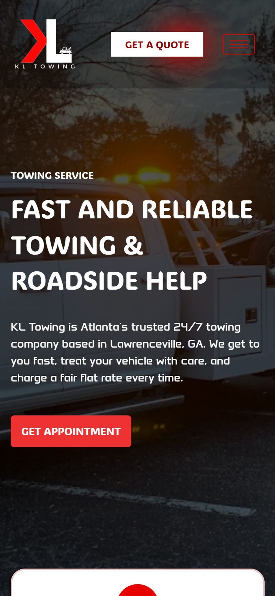 KL Towing Service website: homepage, mobile