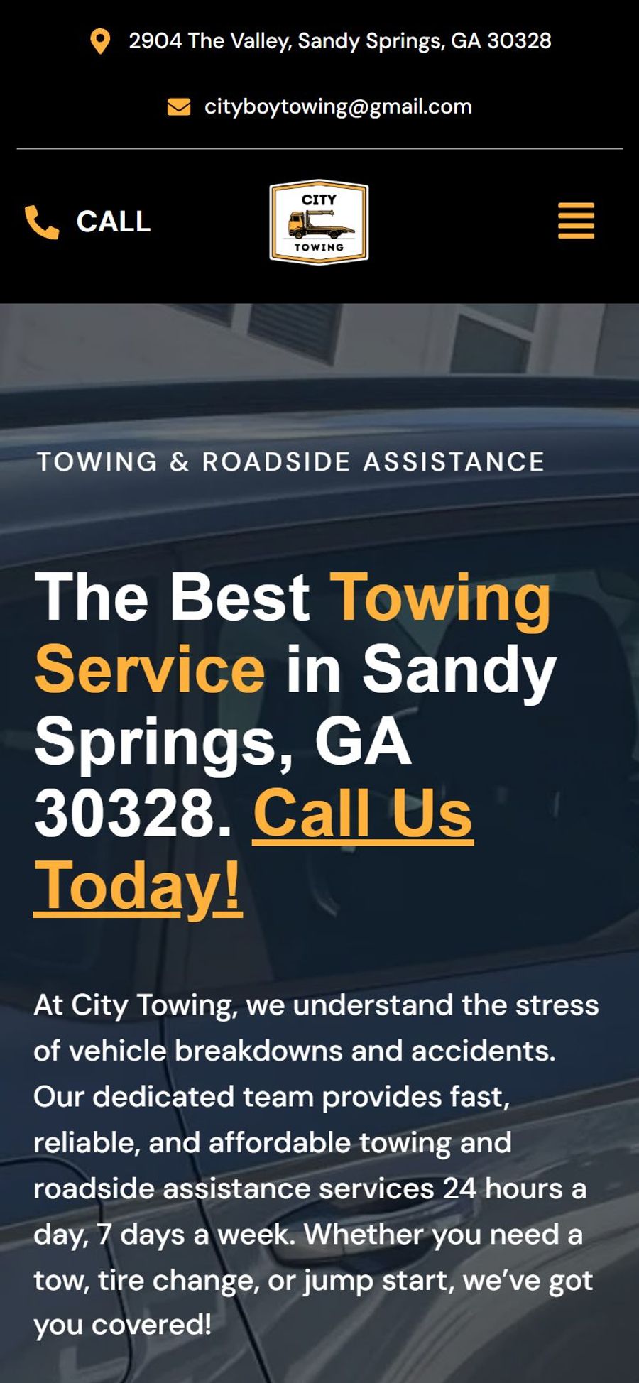City Towing website: homepage, mobile