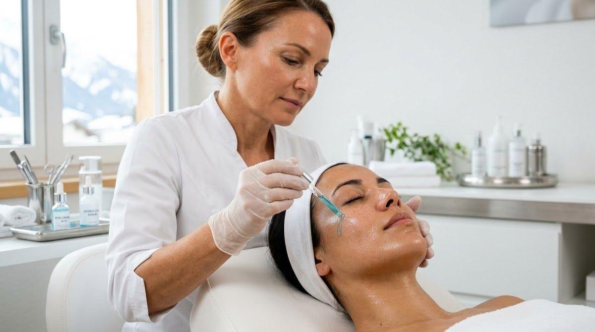 An esthetician gently applies a deeply hydrating serum to a client's face in a bright clinical setting.