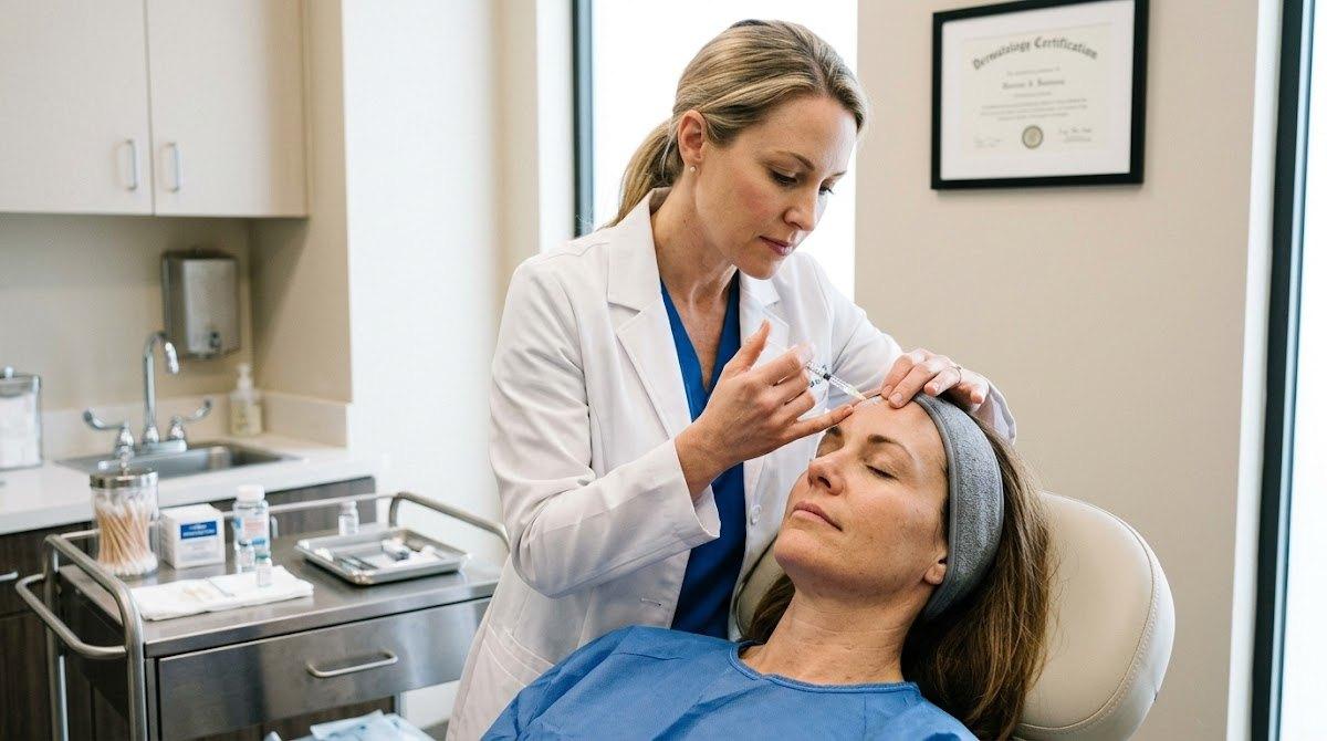 Dermatologist precisely injecting Botox into a patient's forehead during treatment.