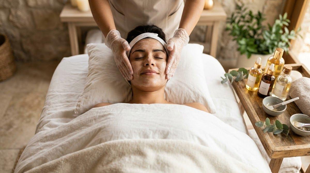 A woman lies peacefully on a spa bed while receiving a luxurious facial treatment.