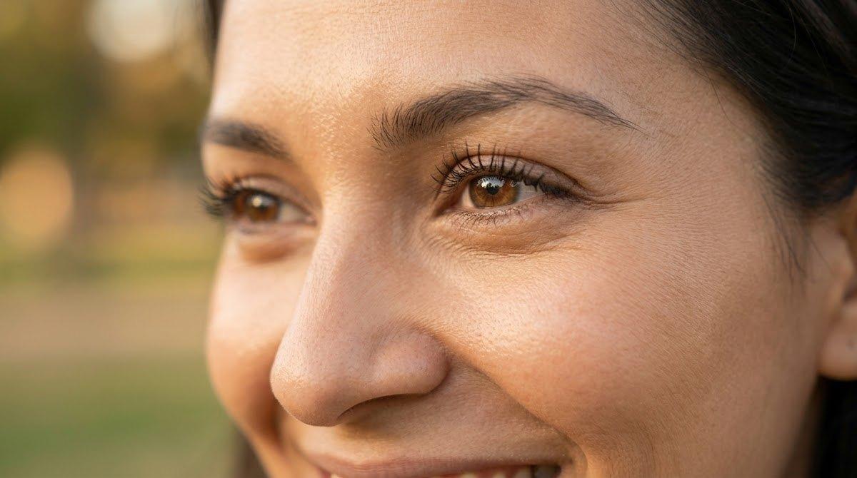 Smiling woman showing smooth skin around eyes post-Botox.