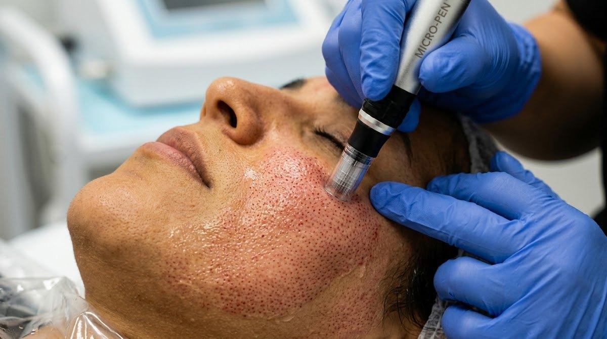Close-up of esthetician performing microneedling on patient's skin with device.