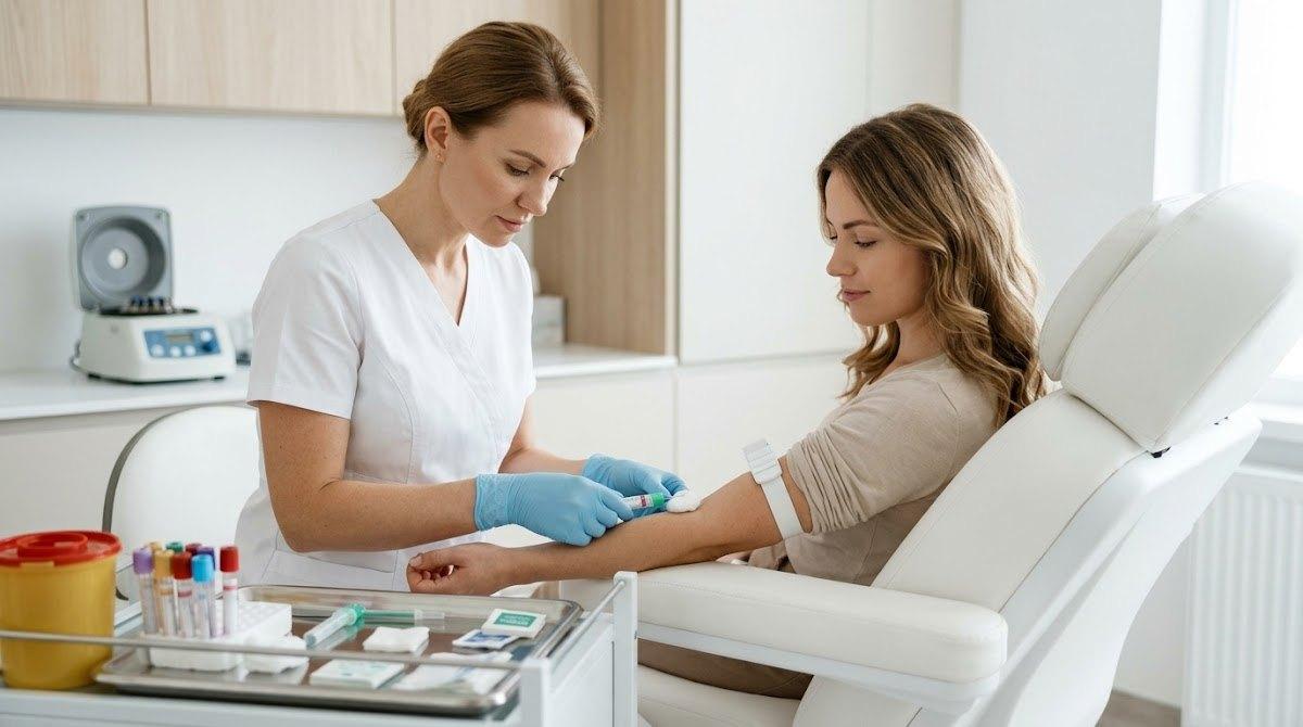 Esthetician performing blood draw for PRP procedure on patient.