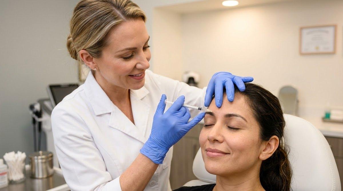 Injector administering comfortable Botox treatment to relaxed patient.