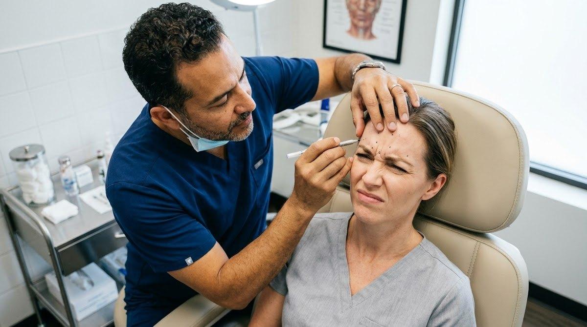 Patient demonstrating facial expressions for Botox muscle assessment by injector.