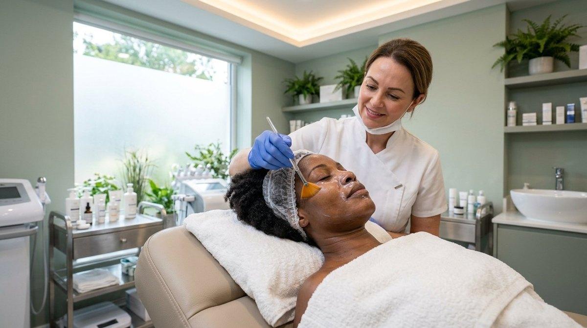 Esthetician applies chemical peel solution to protected areas of patient's face.