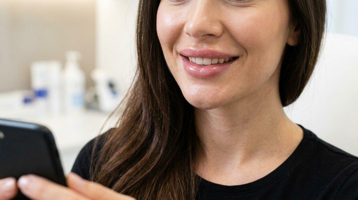 A woman smiling with plump, hydrated lips showcasing instant volume enhancement.