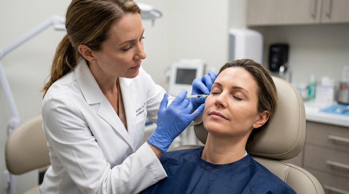 Low-angle professional photo of precise Botox injection in crow's feet by dermatologist.