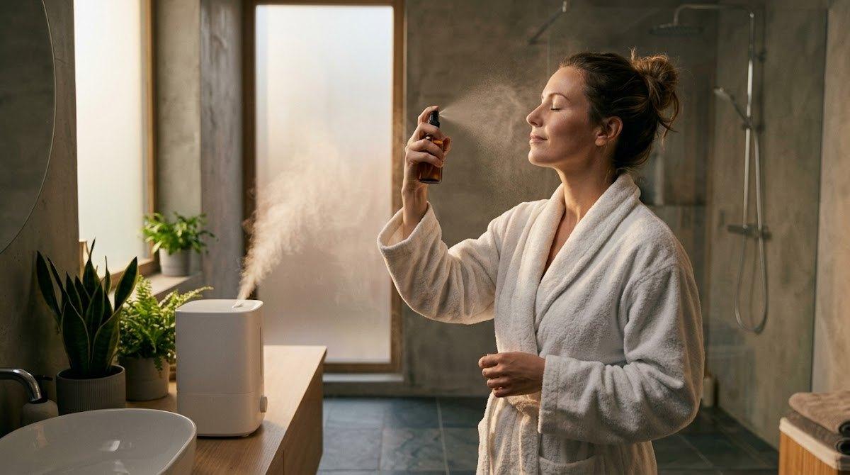 A relaxed woman in a white bathrobe misting her face next to a steaming humidifier.