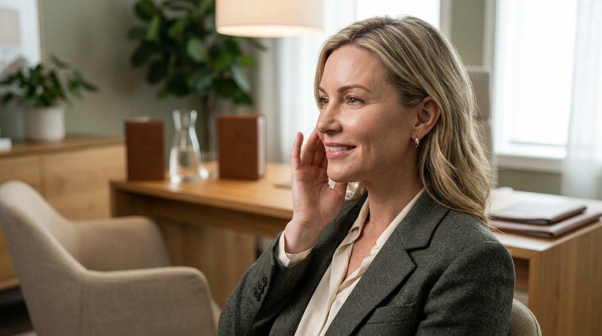 A woman gently touching her fuller, smoother cheek after collagen stimulation treatment.