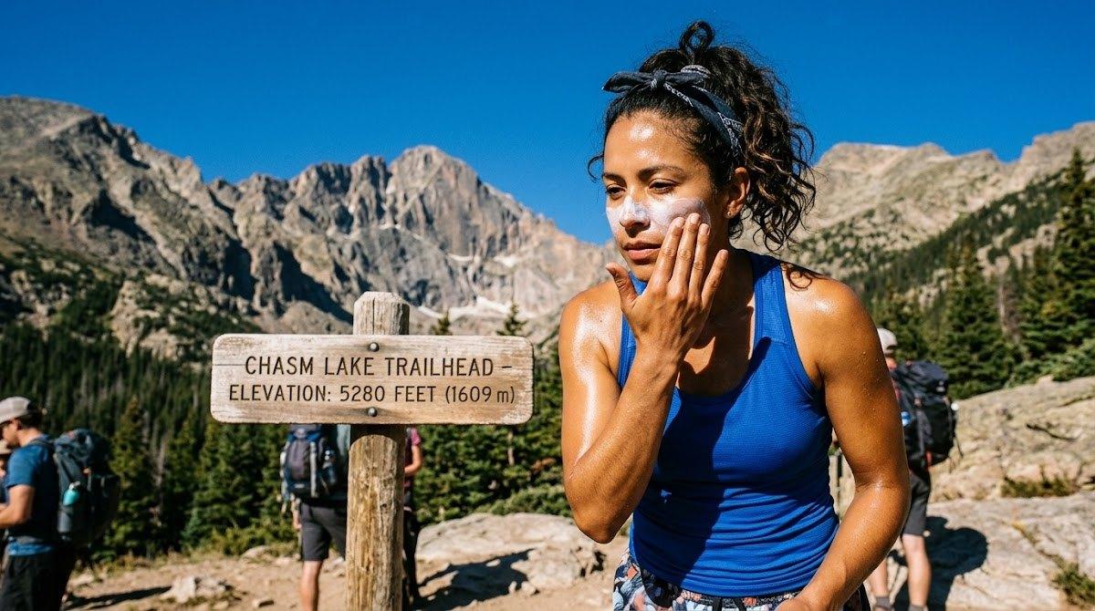 A hiker applies sunscreen at a high-altitude trailhead in Colorado.