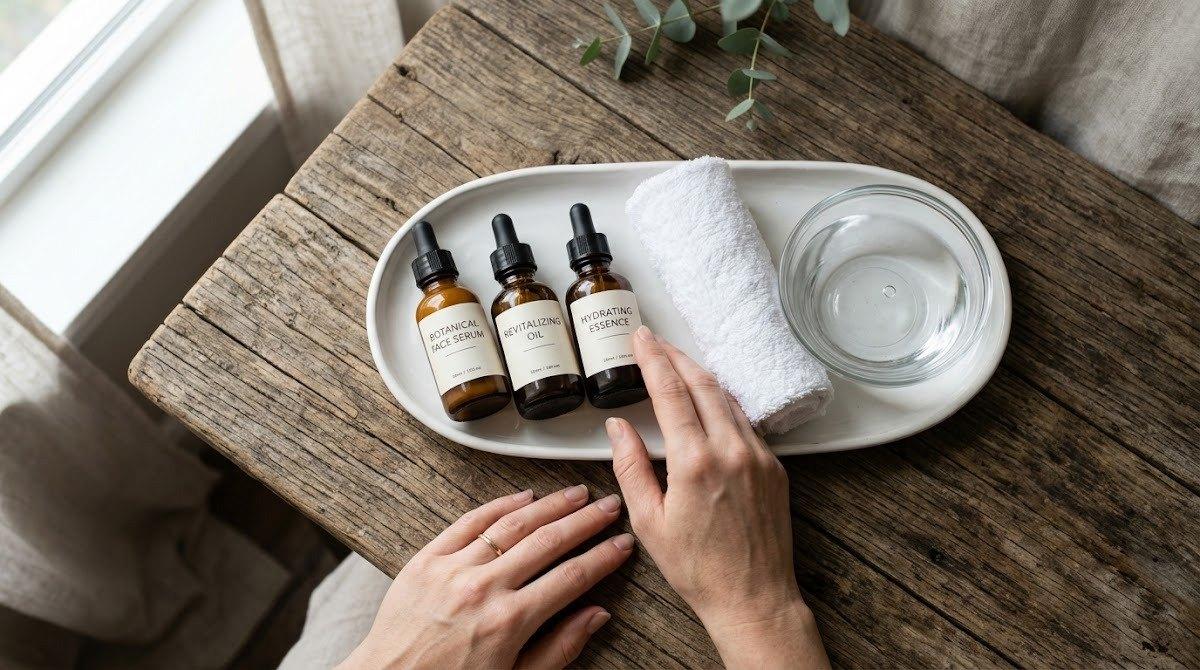 A spa tray holds skincare serums and a rolled towel in a tranquil setting.