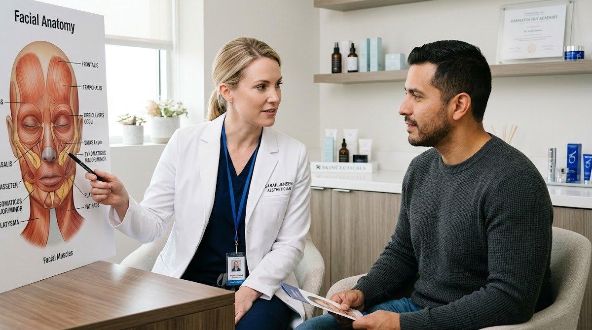 A medical professional in a white coat discusses a facial anatomy chart with a patient.