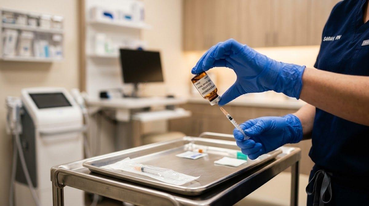 A medical professional in blue gloves prepares a medication vial on a sterile tray.