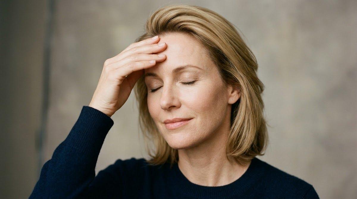 Woman touching her smooth forehead after Botox treatment.