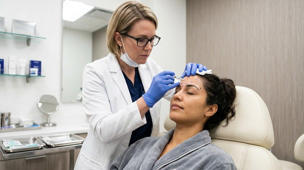 Injector administering precise Dysport injections in a professional clinic setting.