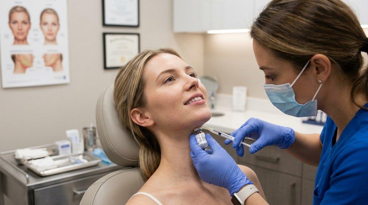 Bride receiving Kybella for sculpted jawline.