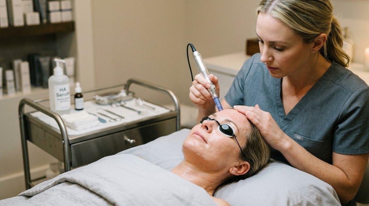 An esthetician conducting a microneedling procedure on a client with precise equipment.