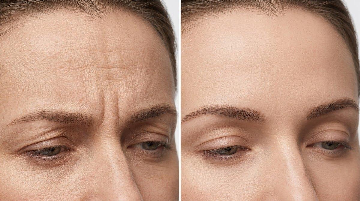 Before-and-after professional photo showing reduction of dynamic facial wrinkles.