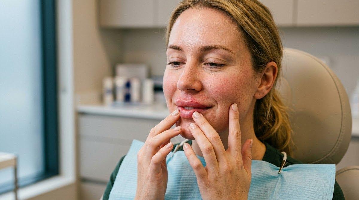 Woman massaging face right after filler dissolving session.