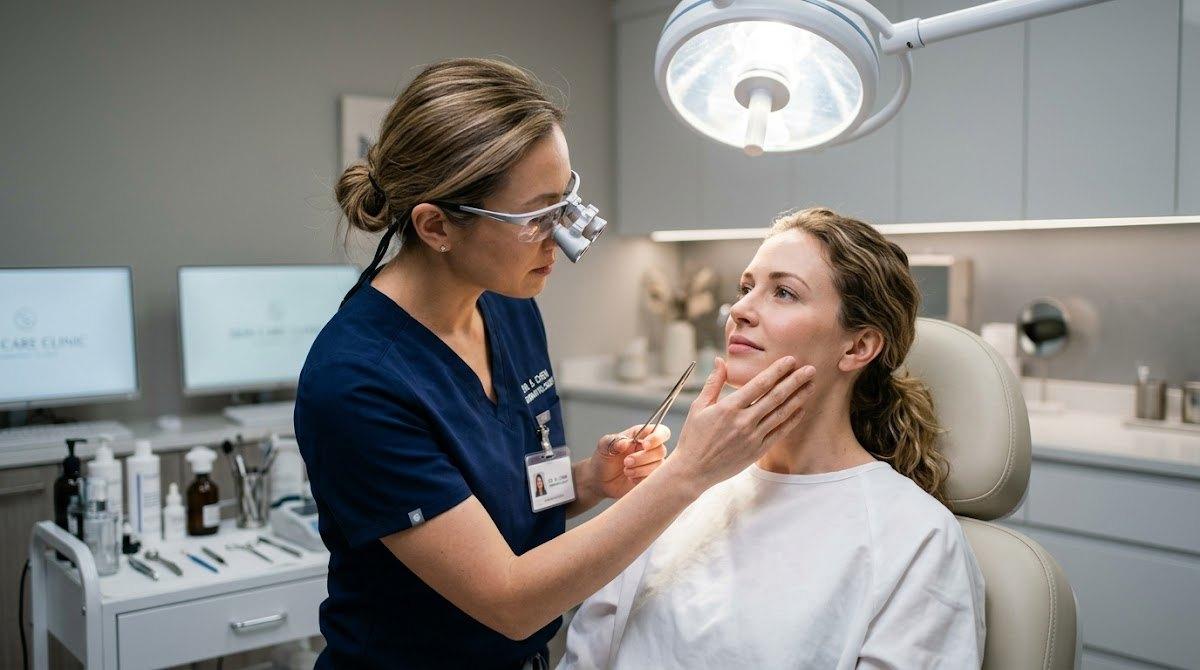 A dermatologist carefully examines a patient's facial contours during a clinical consultation.