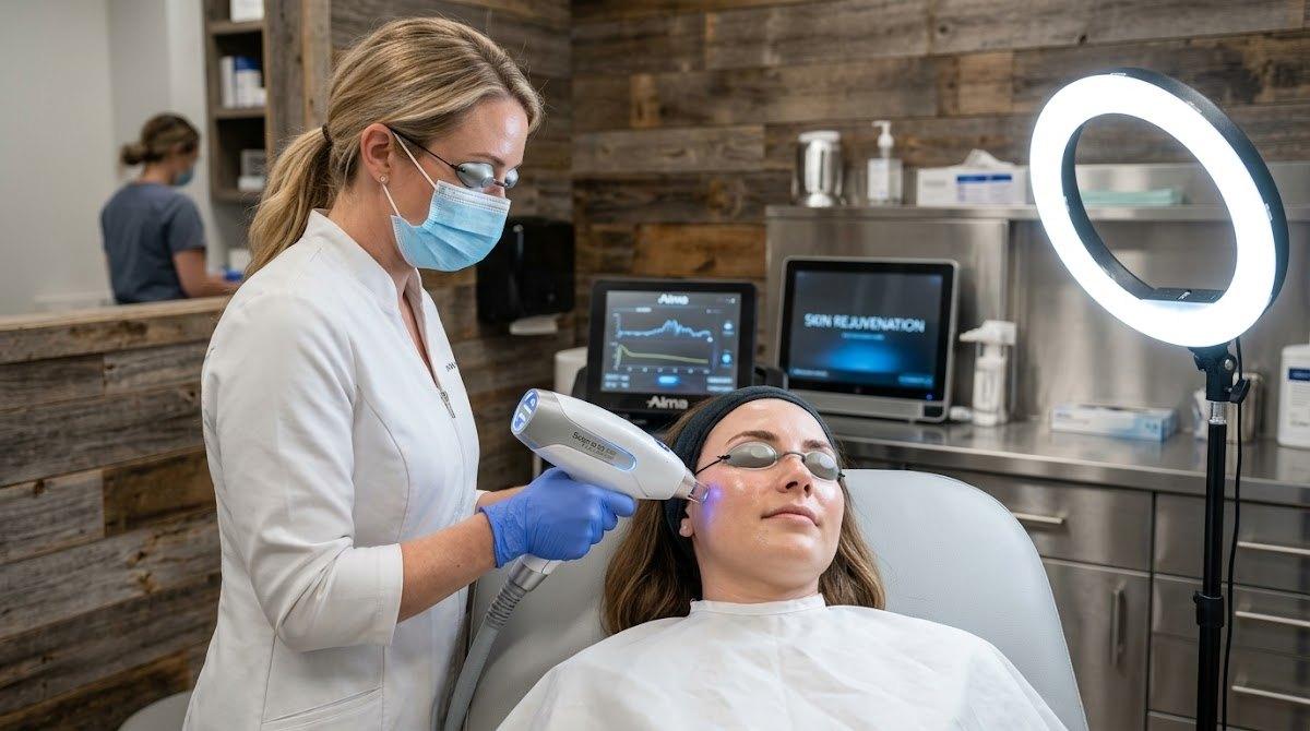 An aesthetician uses a modern handheld skincare device on a client's face in a brightly lit clinic.
