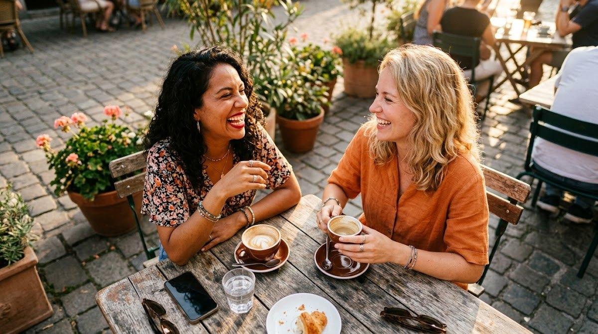 Two women laugh joyfully together while sitting at an outdoor cafe table.