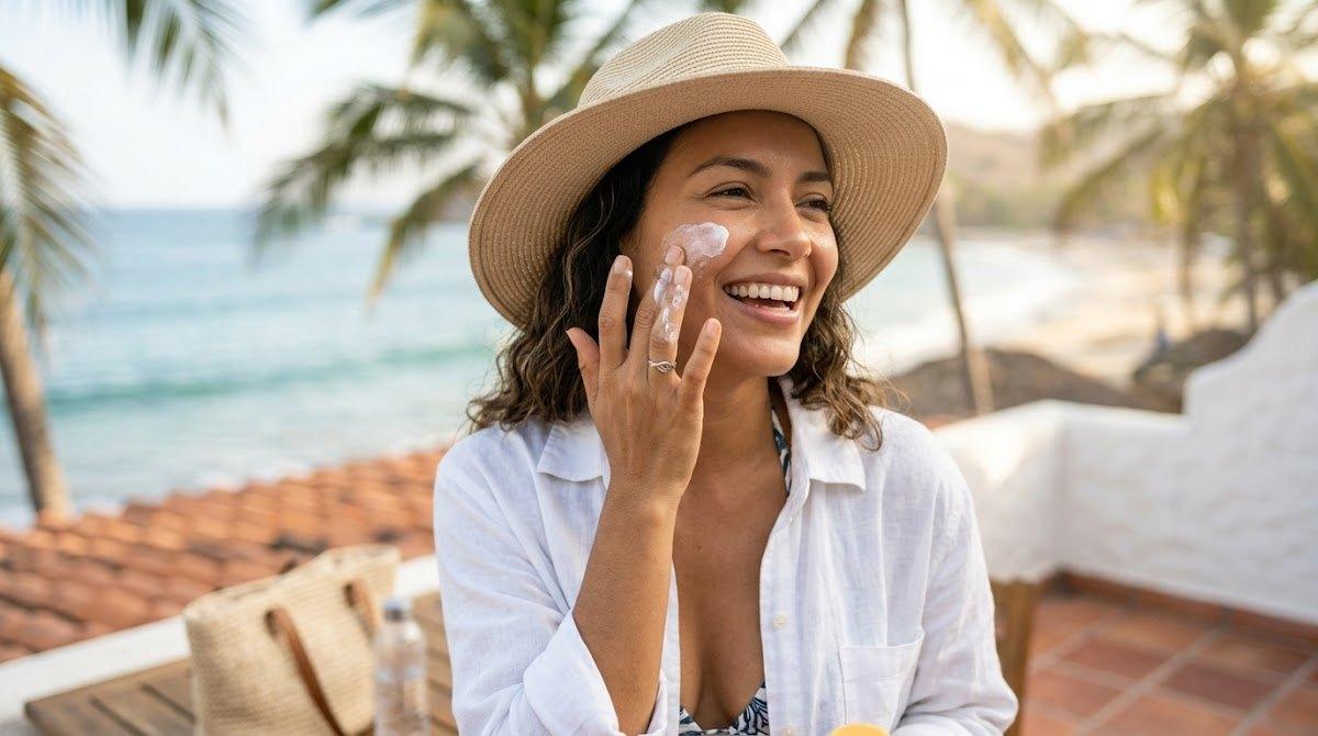 Woman applying sunscreen to her face on a sunny outdoor terrace.