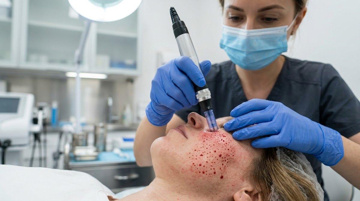Professional photo of a nurse performing microneedling procedure with a dermapen device on a patient's skin.