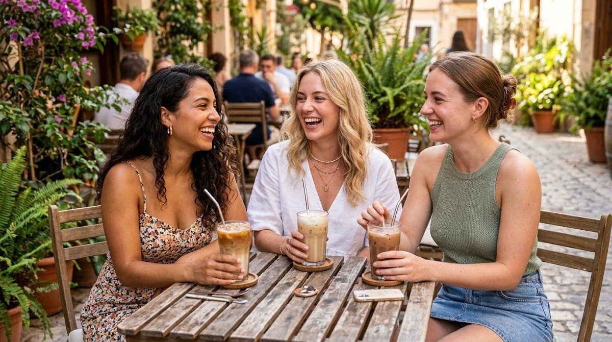 A group of young women laughing together while sitting at an outdoor cafe table.
