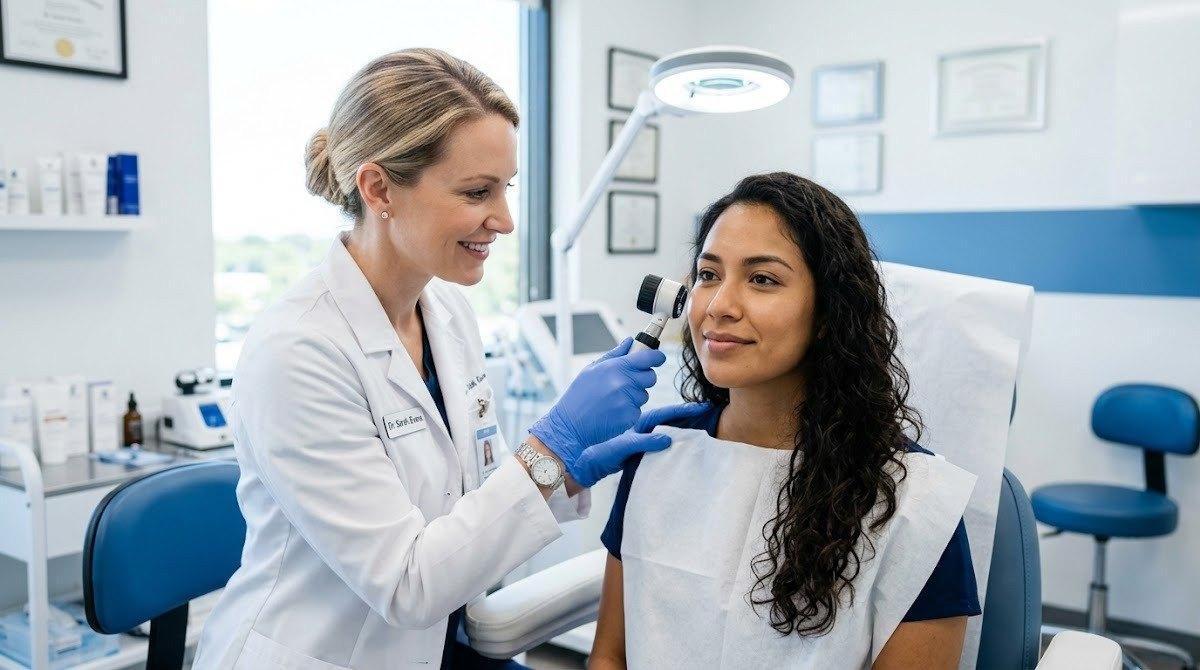 A dermatologist carefully examines a patient's facial skin during a professional consultation.
