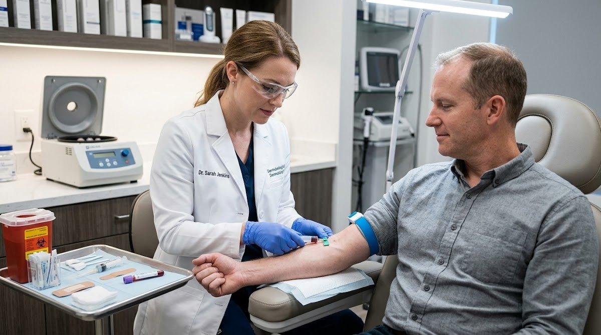 Doctor drawing patient's blood to prepare platelet-rich plasma in a clinic.