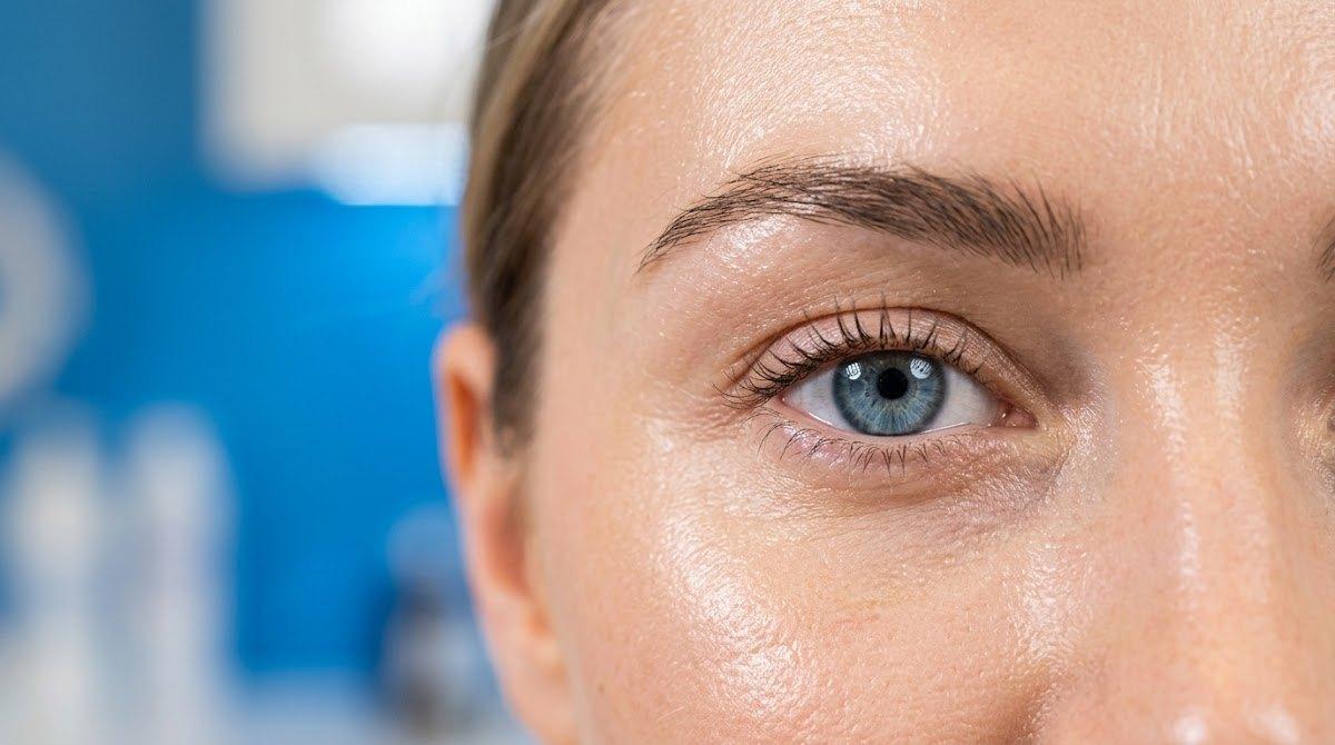 A close-up view of a young woman's eye and brow area highlighting smooth and glowing skin.