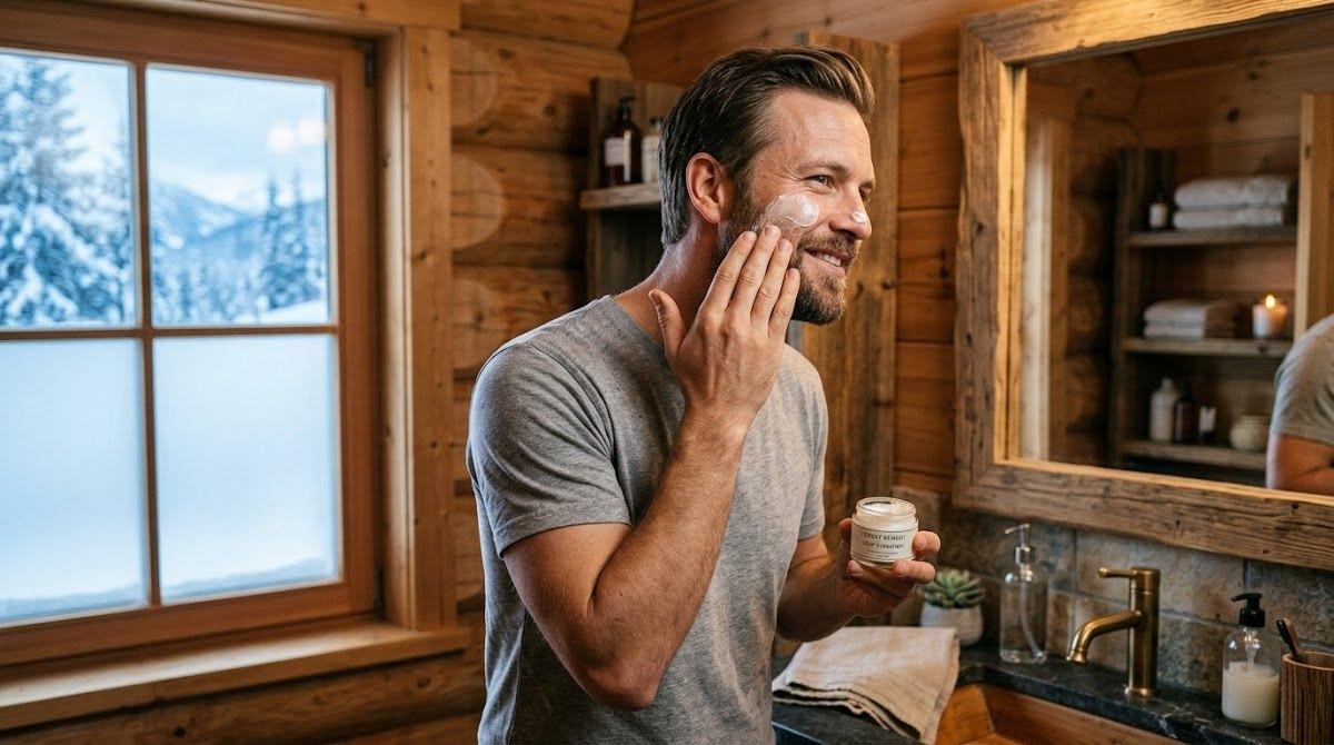A person applying a rich moisturizer to their face in a cozy cabin bathroom.
