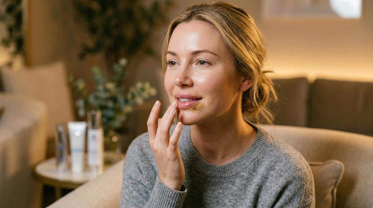A woman touching her softening lips during mid-recovery healing.