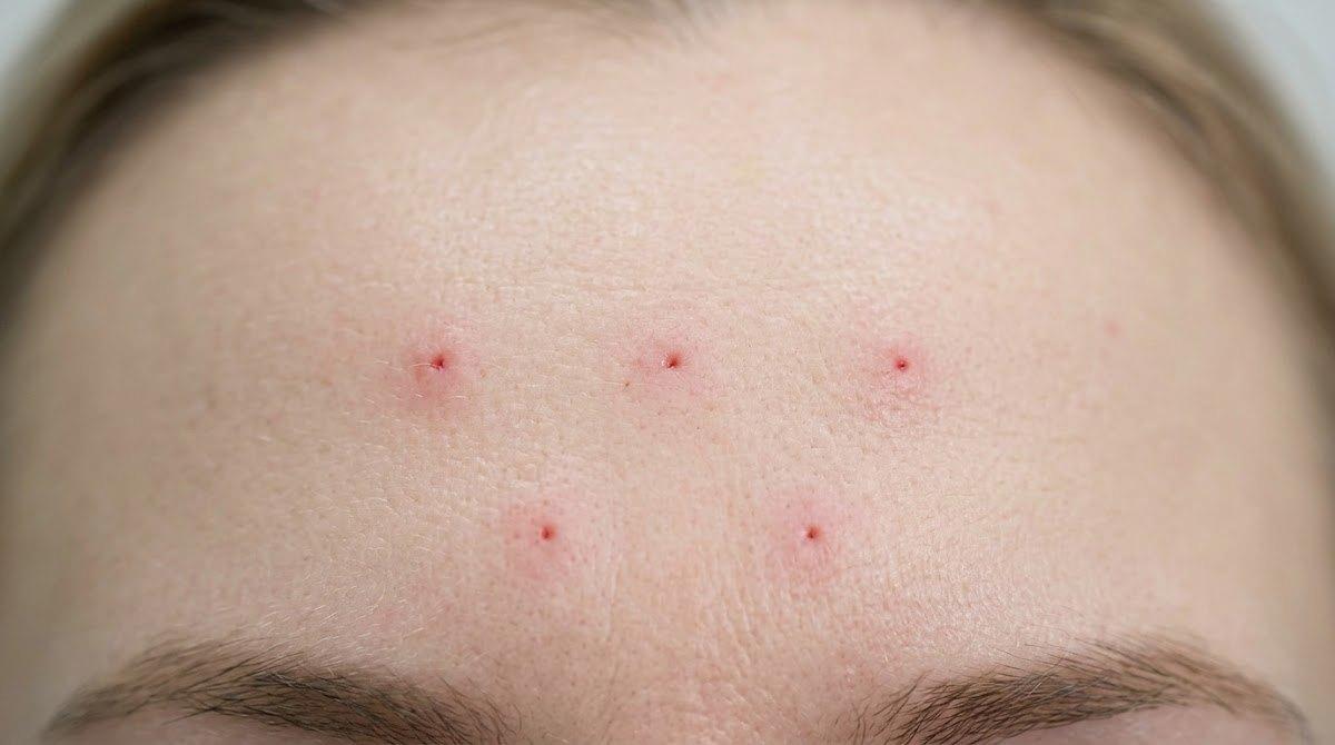 Close-up view of forehead with minor redness and bumps right after injections.