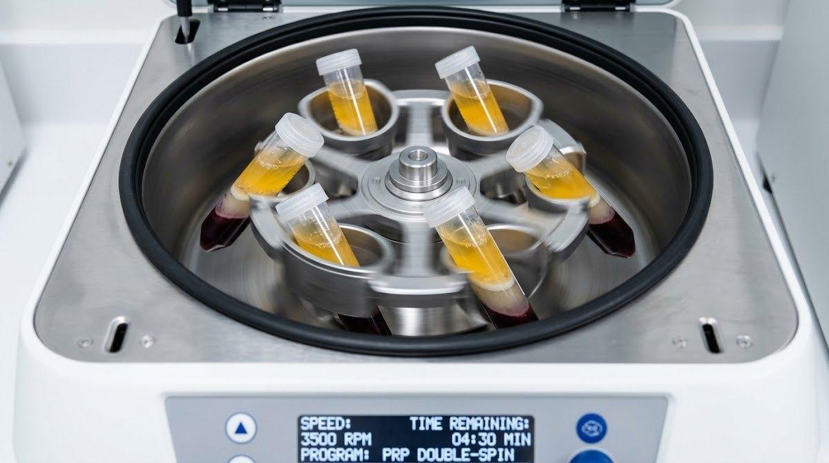 Centrifuge separating blood layers to concentrate platelet-rich plasma for treatment.