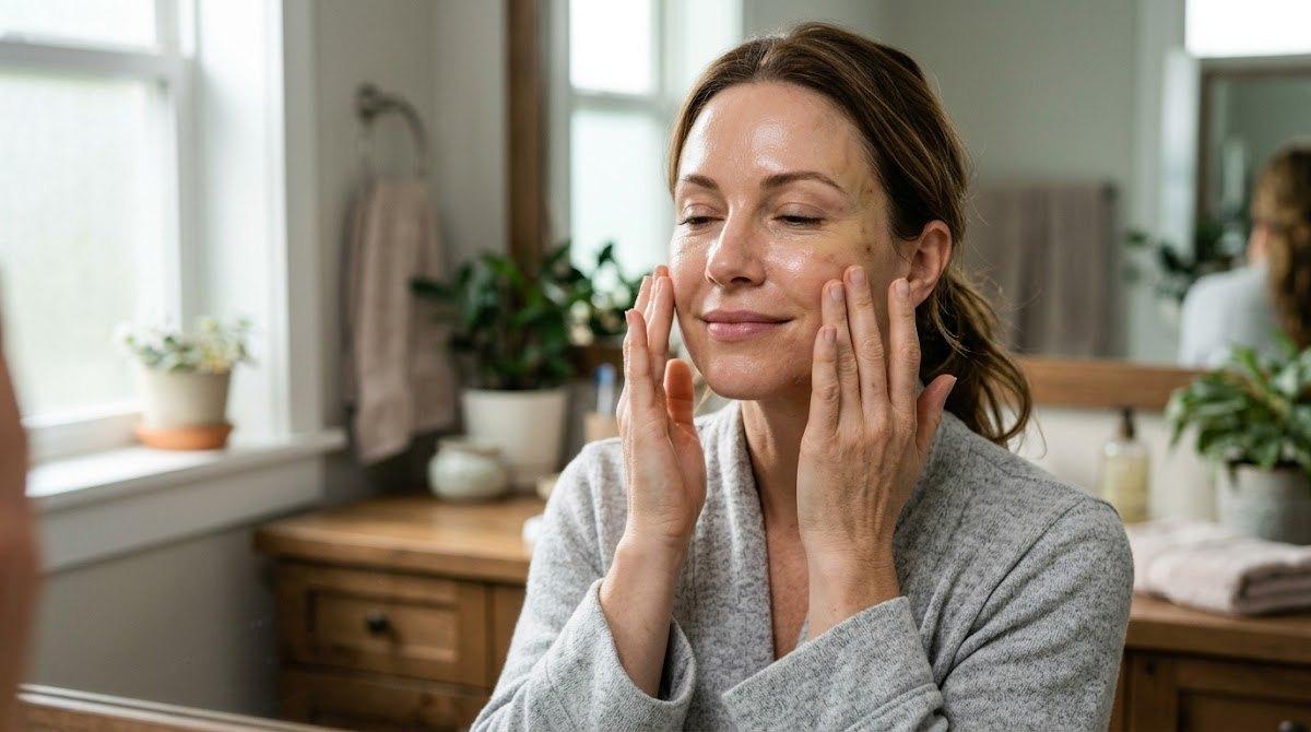 A woman massaging her cheeks post-treatment following the 5-5-5 protocol.